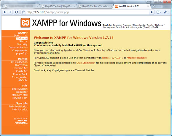 xampp uygulama sayfası